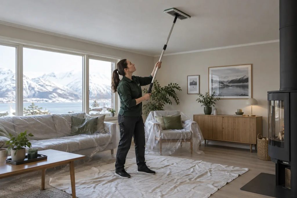 Renholder tørrmopper et innvendig tak med forlengerskaft