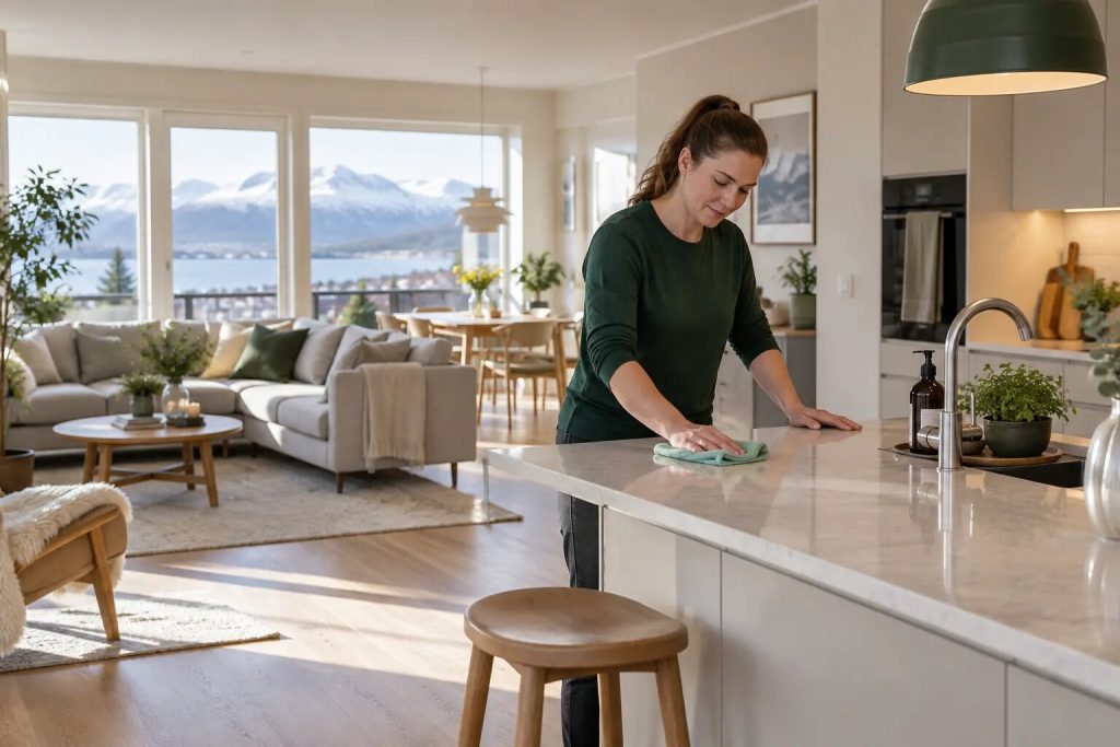 Renholder gir kjøkkenet siste finish før visning